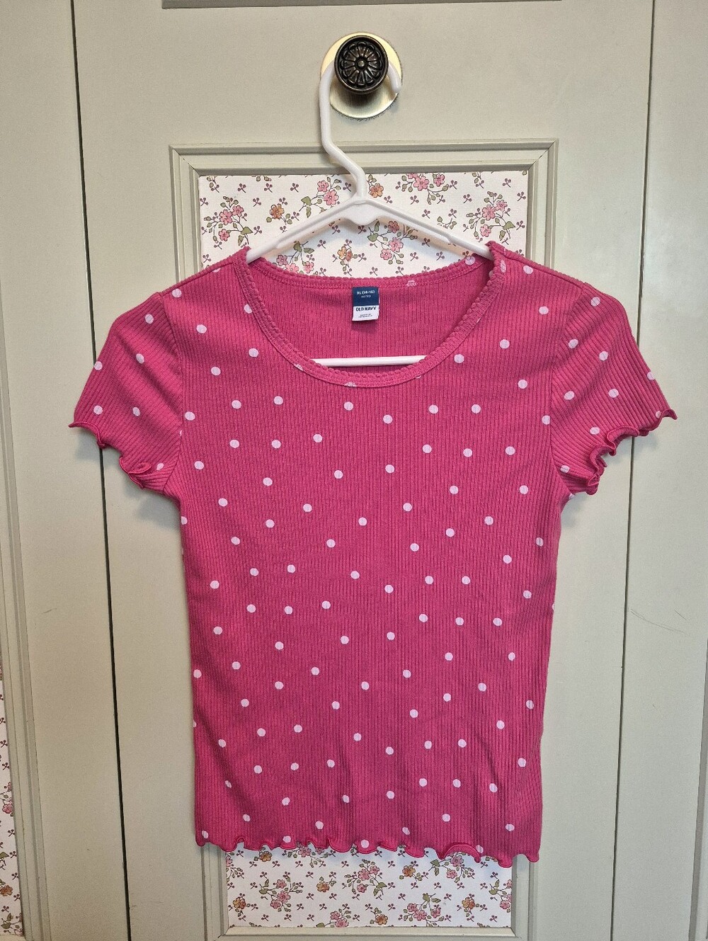 Old Navy Pink Polka Dot Ribbed Tee Girl's Size XL 14-16